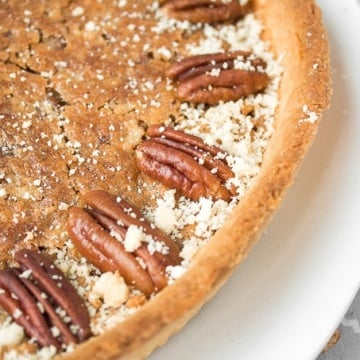 Give traditional pecan pie a twist this holiday season by using finely chopped pecans to create a smooth topping on this chopped pecan pie! | aheadofthyme.com