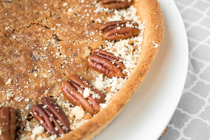 Give traditional pecan pie a twist this holiday season by using finely chopped pecans to create a smooth topping on this chopped pecan pie! | aheadofthyme.com