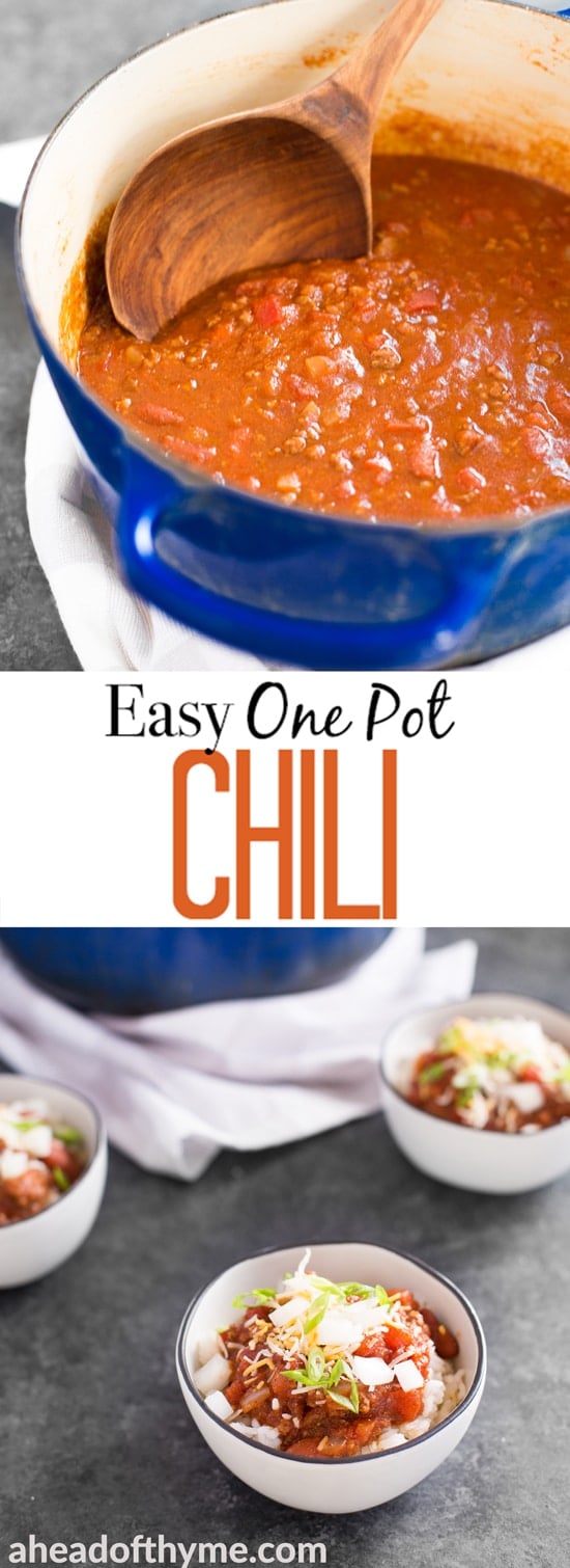 Hearty and full of flavour, easy one pot chili requires only 10 minutes of prep time making it the perfect busy weeknight meal! | aheadofthyme.com