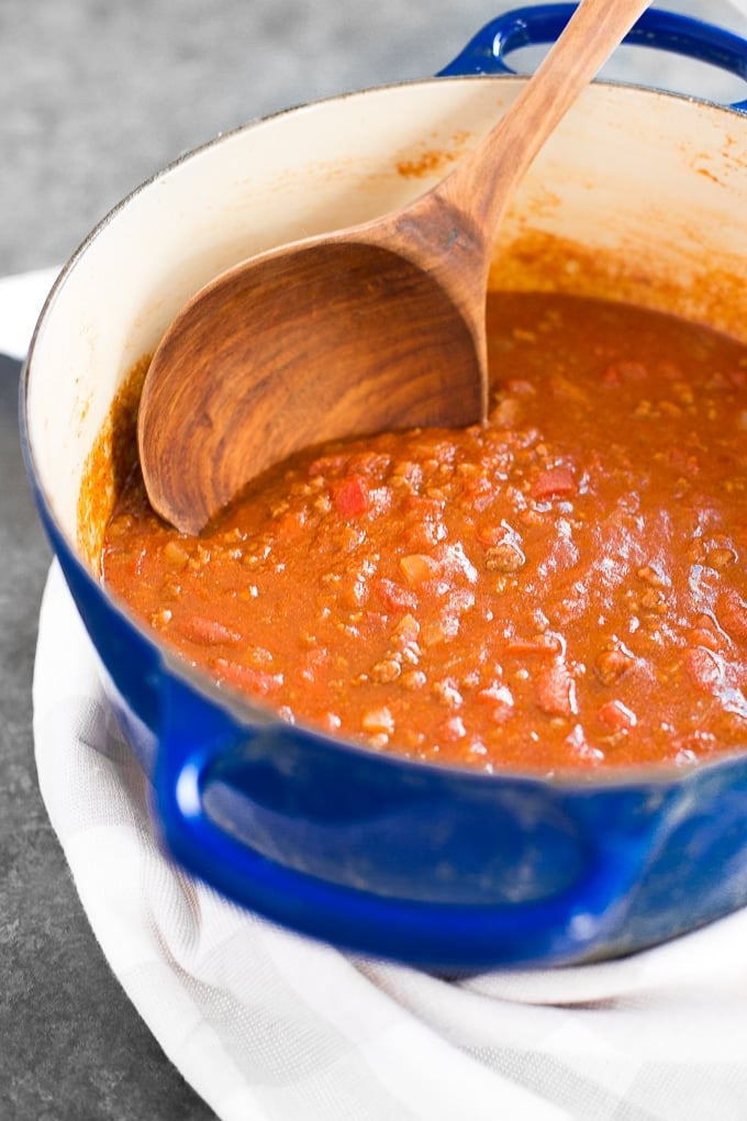 Hearty and full of flavour, easy one pot chili requires only 10 minutes of prep time making it the perfect busy weeknight meal! | aheadofthyme.com