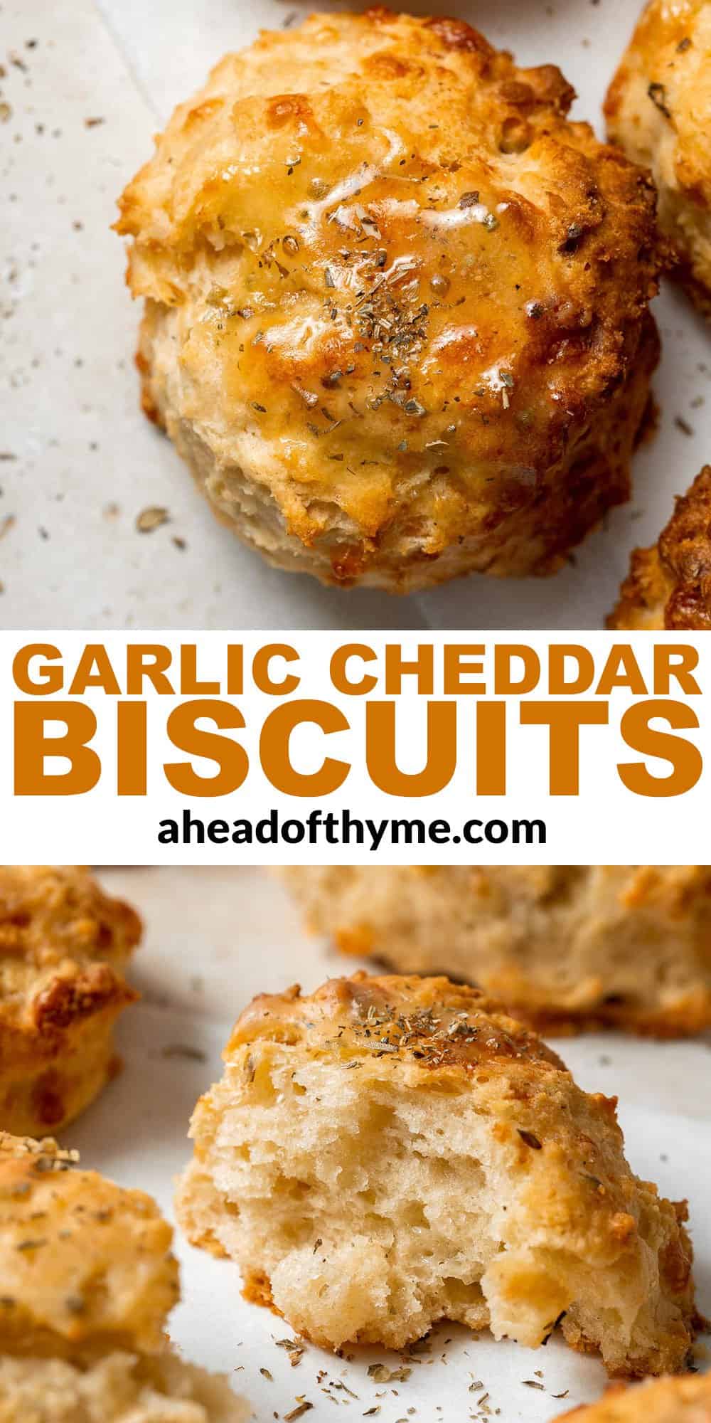 Flaky Garlic Cheddar Biscuits are a simple but delicious and flavorful no yeast bread that is ready for the oven with less than 15 minutes prep. | aheadofthyme.com