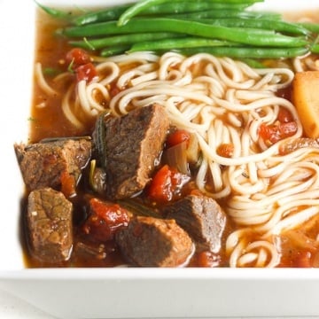 It's soup and slow cooker season! Add some noodles to your beef stew and transform it into the most amazing, flavourful slow cooker beef stew ramen. | aheadofthyme.com