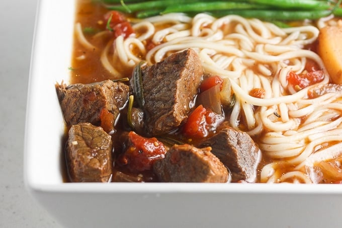 It's soup and slow cooker season! Add some noodles to your beef stew and transform it into the most amazing, flavourful slow cooker beef stew ramen. | aheadofthyme.com