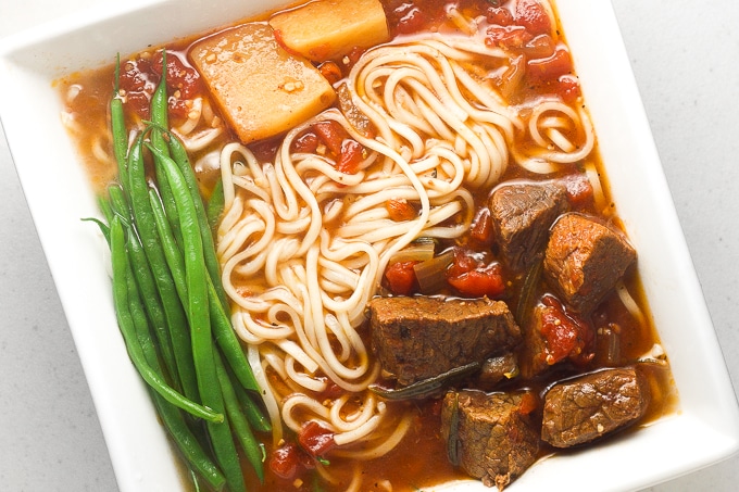 It's soup and slow cooker season! Add some noodles to your beef stew and transform it into the most amazing, flavourful slow cooker beef stew ramen. | aheadofthyme.com