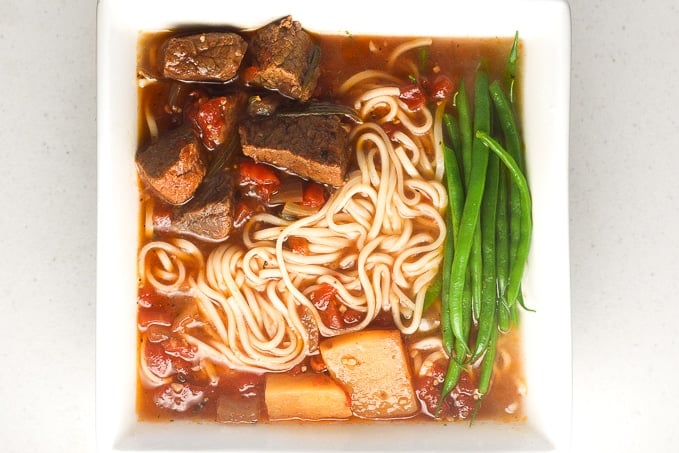 It's soup and slow cooker season! Add some noodles to your beef stew and transform it into the most amazing, flavourful slow cooker beef stew ramen. | aheadofthyme.com