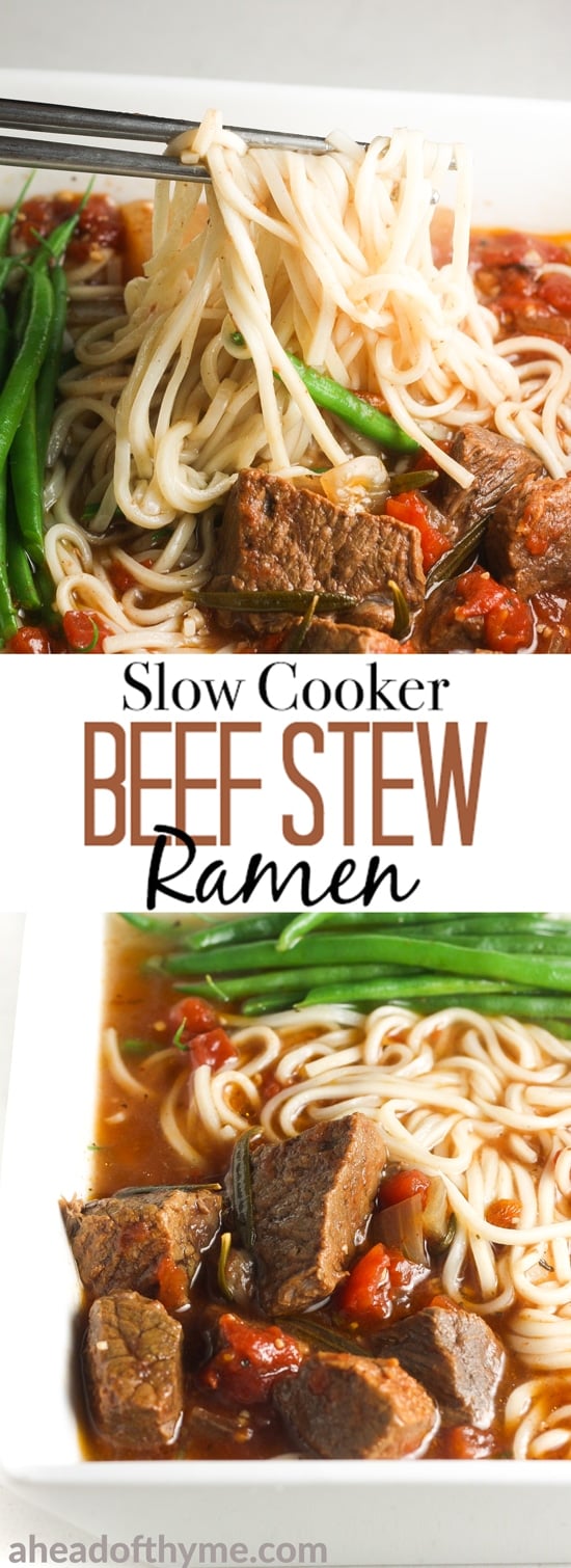 It's soup and slow cooker season! Add some noodles to your beef stew and transform it into the most amazing, flavourful slow cooker beef stew ramen. | aheadofthyme.com