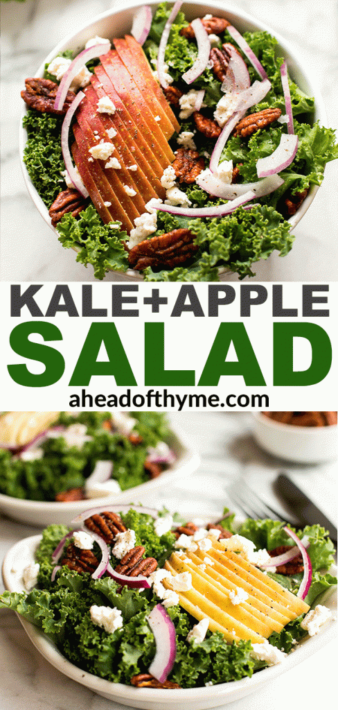 Cozy winter kale salad with apple cider vinaigrette is easy to make with crispy apples, tangy goat cheese and crunchy spiced pecans in under 10 minutes. | aheadofthyme.com
