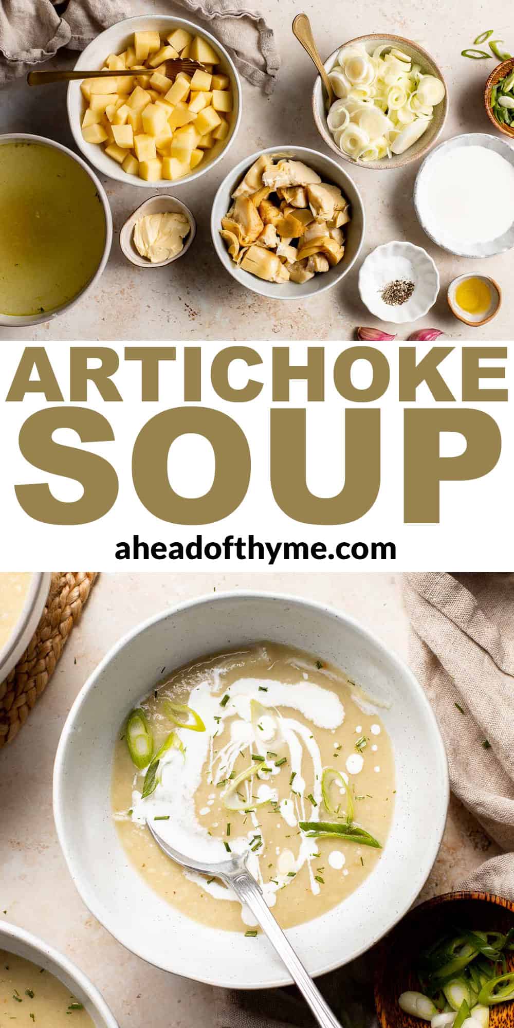 Creamy artichoke soup is rich, healthy, delicious, easy to make, and freezer-friendly. This vegetarian soup is loaded with artichokes, leeks, and potatoes. | aheadofthyme.com