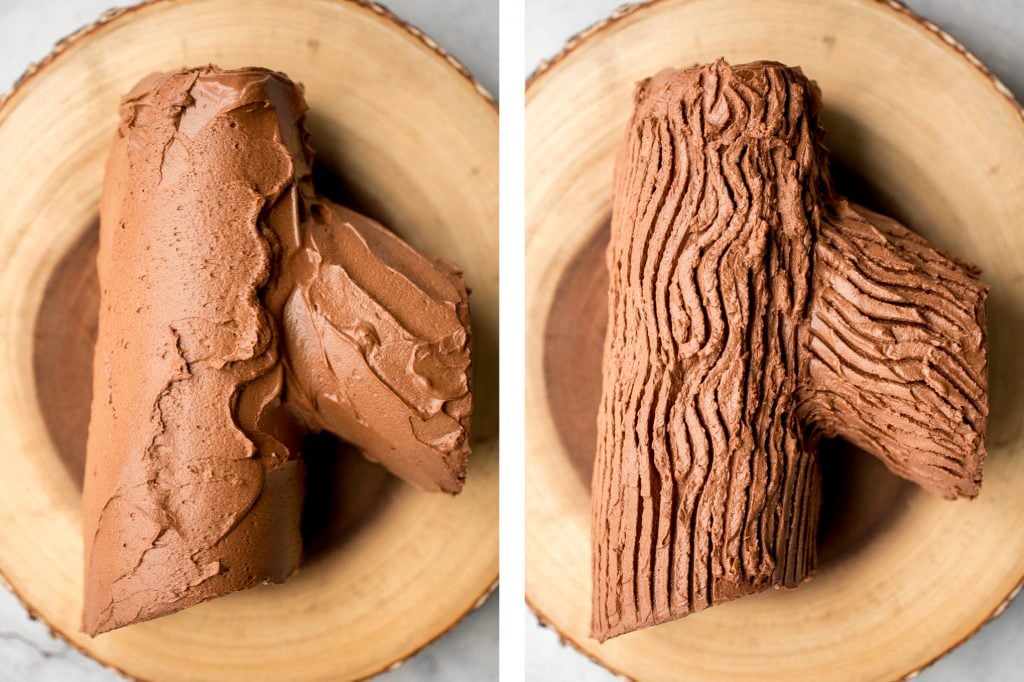 Holiday yule log cake (Bûche de Noël) with a chocolate sponge cake, whipped cream filling, and whipped chocolate ganache coating is a Christmas classic. | aheadofthyme.com