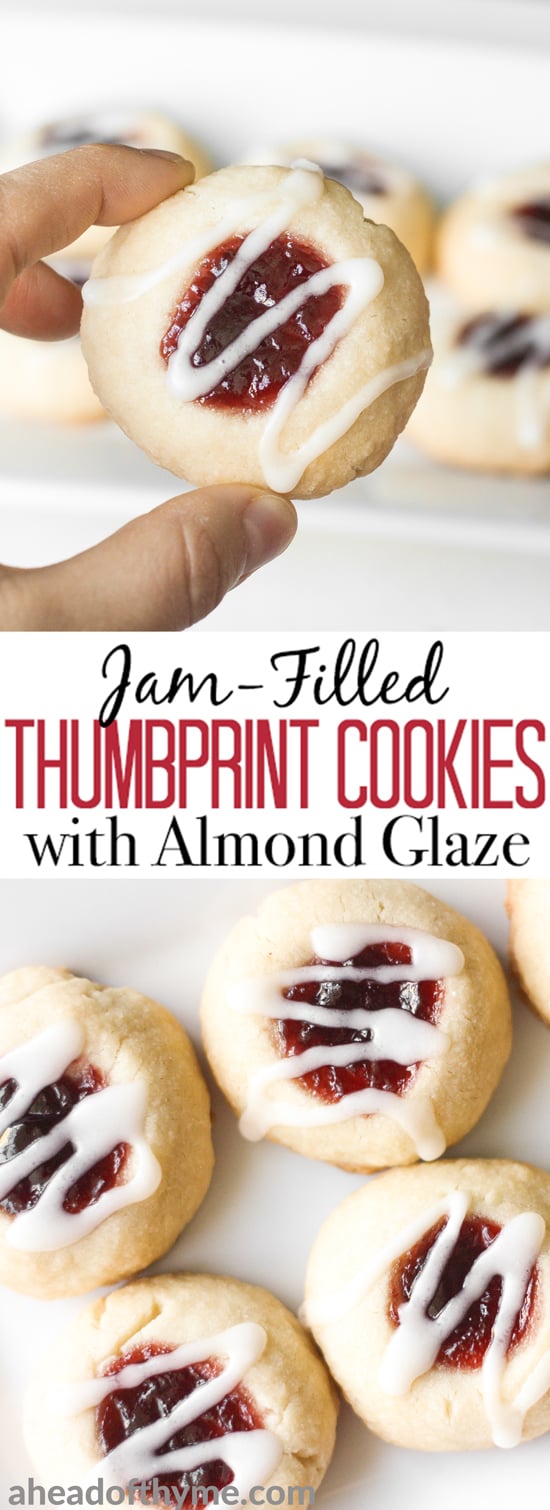 Soft, buttery, melt-in-your mouth jam-filled thumbprint cookies with almond glaze are the cutest, festive treat to make. | aheadofthyme.com