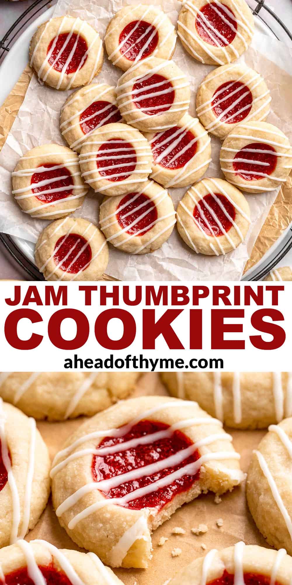 Jam Thumbprint Cookies are soft and buttery, with a sweet and fruity jam filling, and a drizzle of almond glaze. They literally melt in your mouth! | aheadofthyme.com
