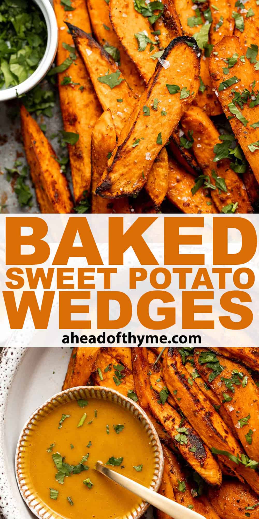 Baked Sweet Potato Wedges are crispy, delicious, flavorful. Serve as an appetizer or side dish. They are salty, savory, and sweet, with a hint of spice. | aheadofthyme.com