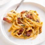 If you like traditional carbonara, you are going to love creamy butternut squash carbonara pasta with Parmesan, bacon and sage. The best fall comfort food. | aheadofthyme.com