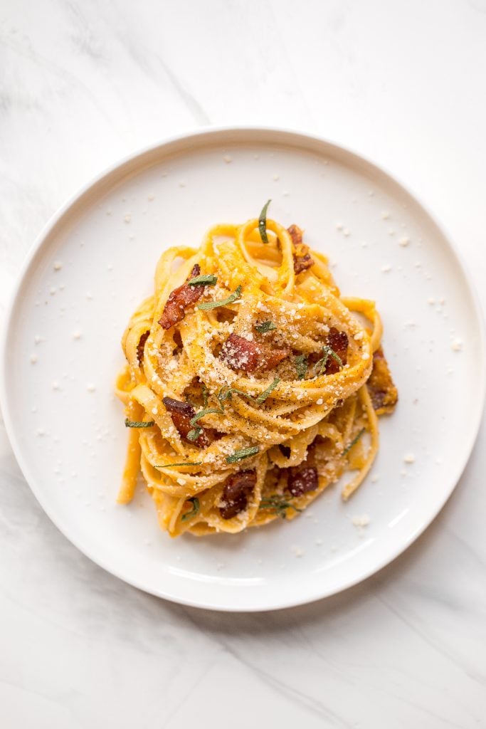 If you like traditional carbonara, you are going to love creamy butternut squash carbonara pasta with Parmesan, bacon and sage. The best fall comfort food. | aheadofthyme.com