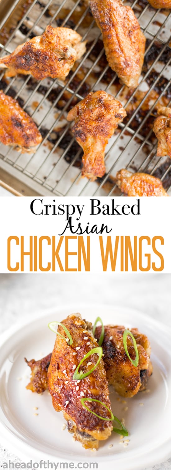 You will be amazed by how crispy these baked Asian chicken wings turn out! We add sriracha for heat, honey for sweetness, and ginger to balance the flavours. | aheadofthyme.com