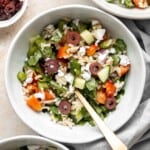 Mediterranean Brown Rice Salad loaded with veggies and tossed in a Greek dressing is filling, healthy, nutritious, gluten-free, and easy to make. | aheadofthyme.com