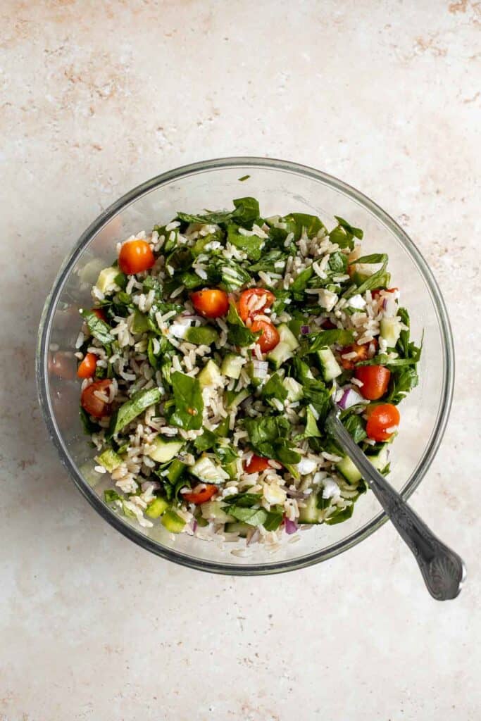 Mediterranean Brown Rice Salad loaded with veggies and tossed in a Greek dressing is filling, healthy, nutritious, gluten-free, and easy to make. | aheadofthyme.com