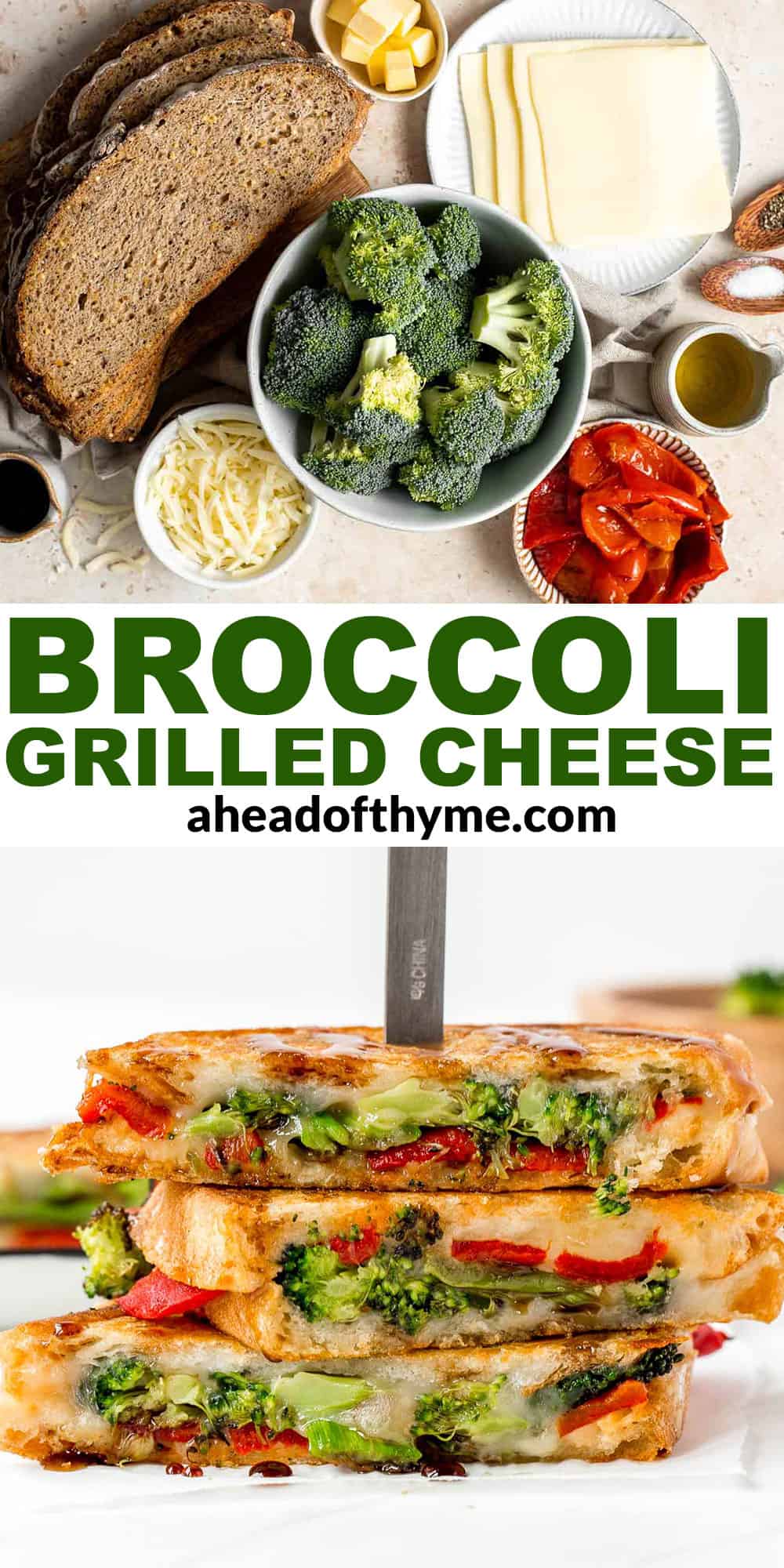 Take your grilled cheese game to the next level with Roasted Broccoli Grilled Cheese Sandwich made with broccoli, red peppers, cheddar, and mozzarella. | aheadofthyme.com