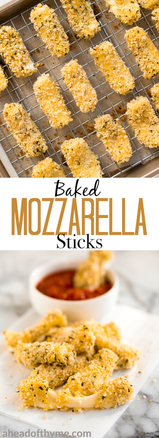 Crunchy, cheesy, and paired with an awesome dipping sauce, these baked mozzarella sticks are just as amazing as what you would find in a restaurant! | aheadofthyme.com