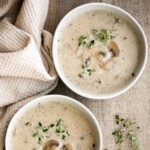 Cream of mushroom soup is thick, creamy, and comforting. This delicious one pot soup is easy to make in 45 minutes, freezer-friendly, and reheats well. | aheadofthyme.com
