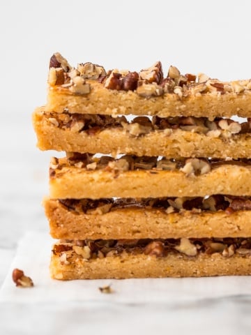 These pecan toffee bars combine the flavours of shortbread topped with crunchy nuts to create magic. Prepped in under 10 minutes with only 6 ingredients! | aheadofthyme.com