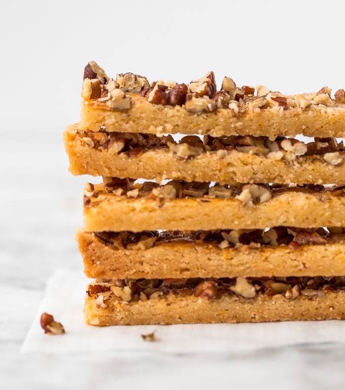 These pecan toffee bars combine the flavours of shortbread topped with crunchy nuts to create magic. Prepped in under 10 minutes with only 6 ingredients! | aheadofthyme.com