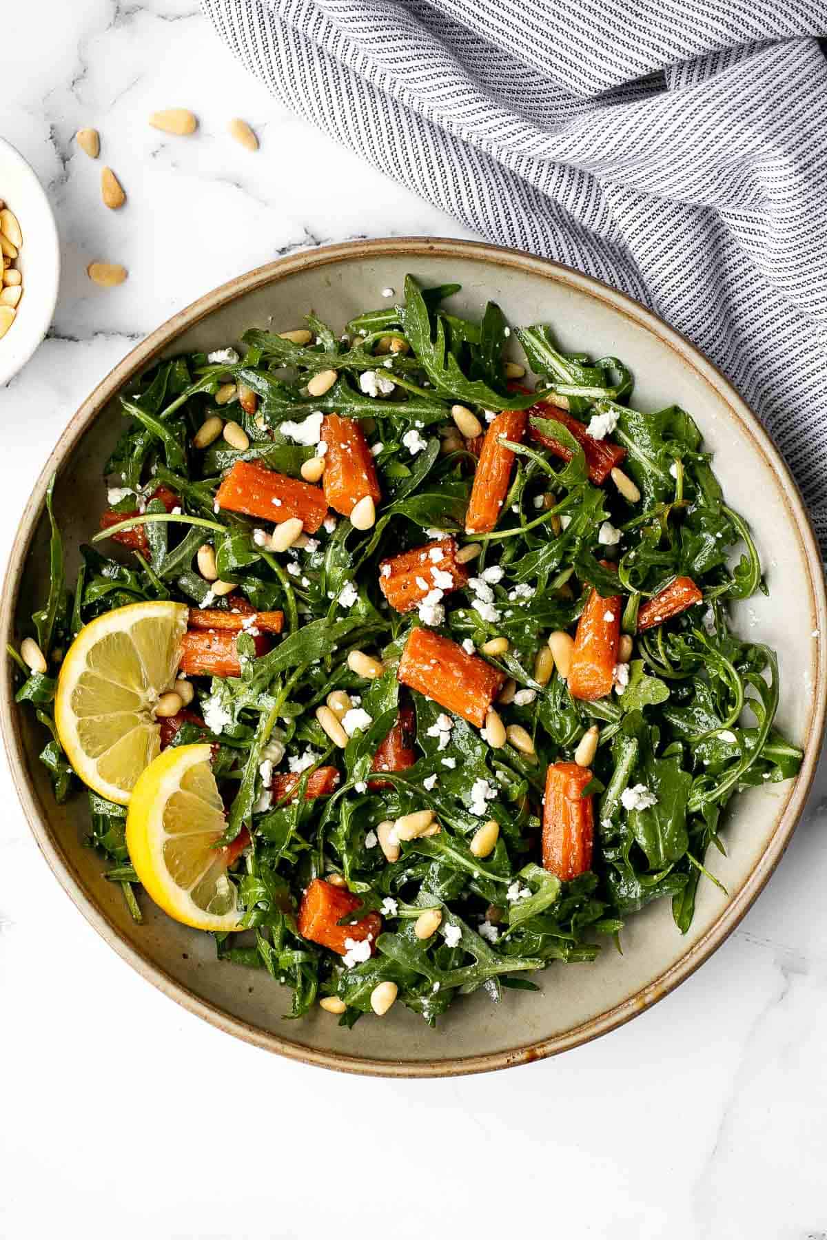 Arugula and roasted carrot salad is one of the best spring salads, packed with a delicious combination of sweet and sour flavours, plus easy to make. | aheadofthyme.com