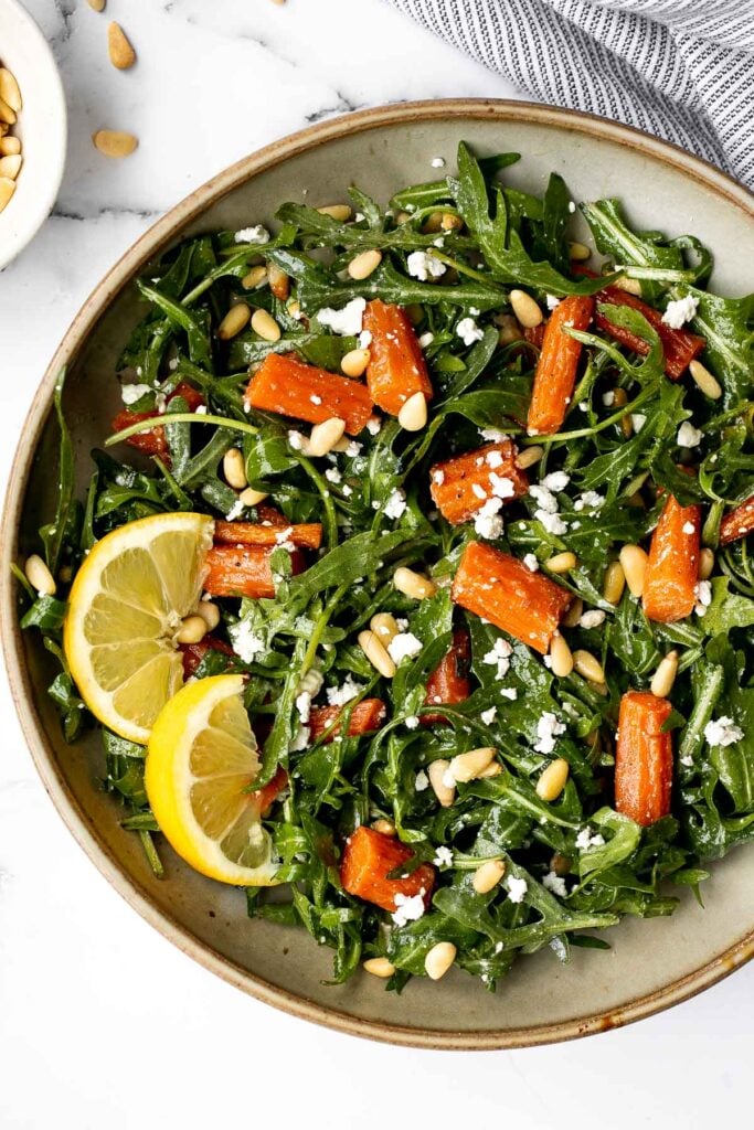 Arugula and roasted carrot salad is one of the best spring salads, packed with a delicious combination of sweet and sour flavours, plus easy to make. | aheadofthyme.com