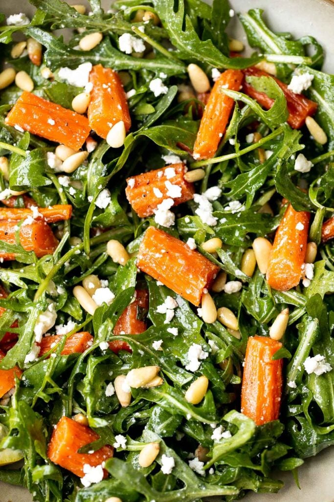 Arugula and roasted carrot salad is one of the best spring salads, packed with a delicious combination of sweet and sour flavours, plus easy to make. | aheadofthyme.com