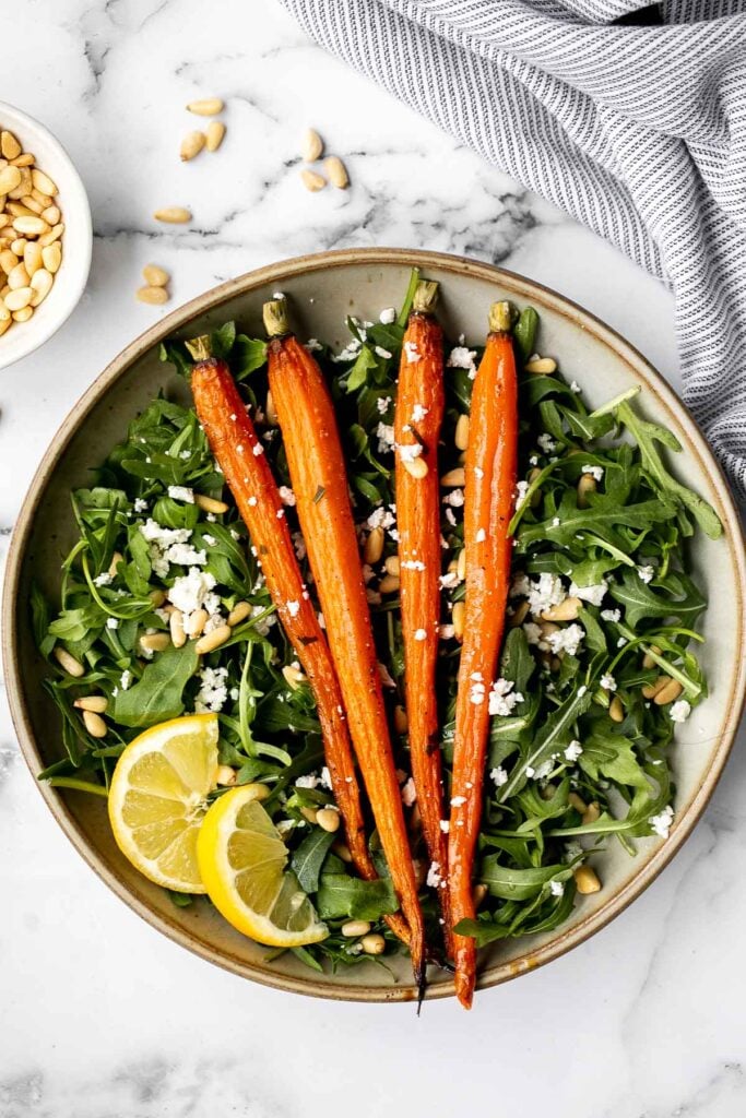 Arugula and roasted carrot salad is one of the best spring salads, packed with a delicious combination of sweet and sour flavours, plus easy to make. | aheadofthyme.com