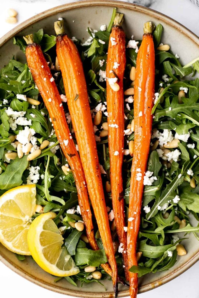 Arugula and roasted carrot salad is one of the best spring salads, packed with a delicious combination of sweet and sour flavours, plus easy to make. | aheadofthyme.com