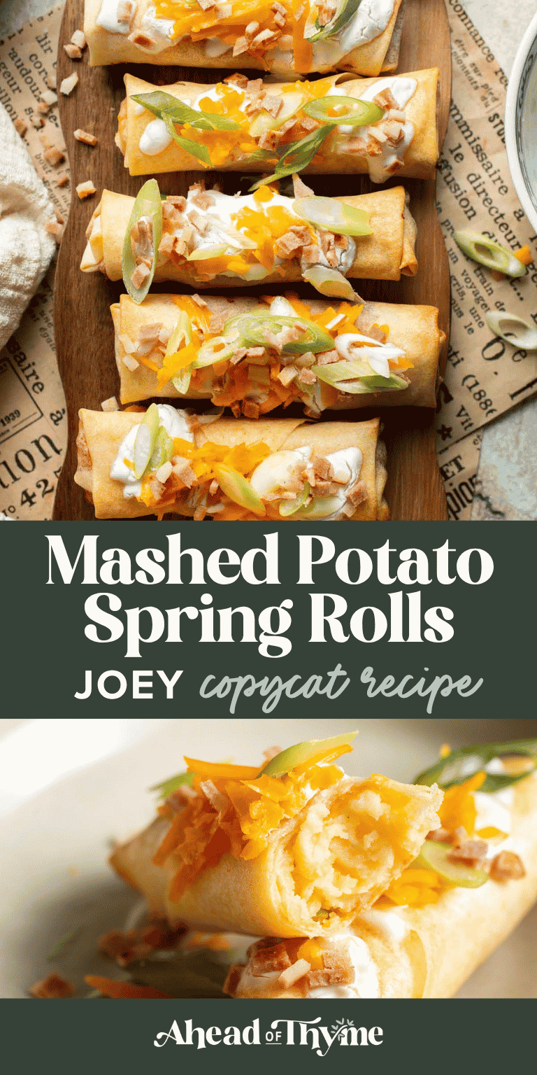 Baked mashed potato spring rolls combine creamy cheesy mashed potatoes with crispy golden wrappers for the ultimate JOEY copycat appetizer. | aheadofthyme.com