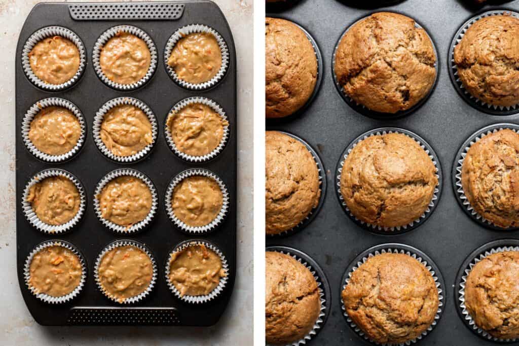 Carrot cake muffins are moist, light, chewy and full of carrots which means breakfast this week is healthy! Carrot muffins are great for meal prep too. | aheadofthyme.com