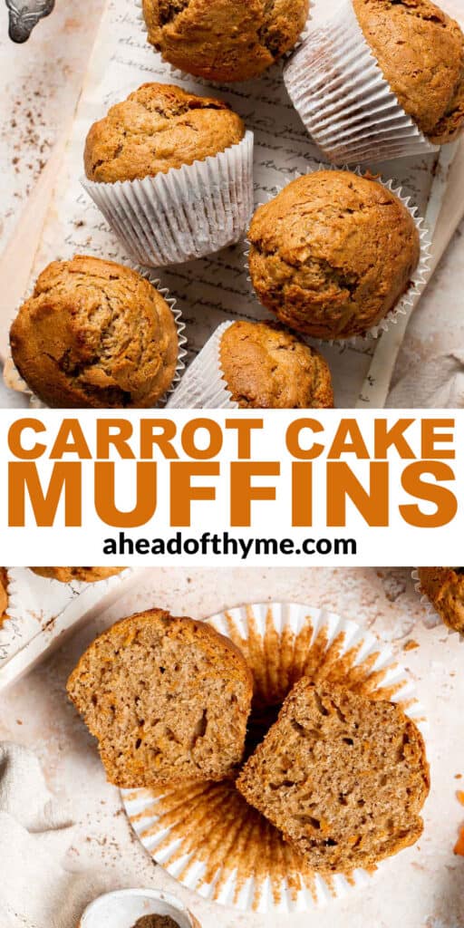 Carrot cake muffins are moist, light, chewy and full of carrots which means breakfast this week is healthy! Carrot muffins are great for meal prep too. | aheadofthyme.com