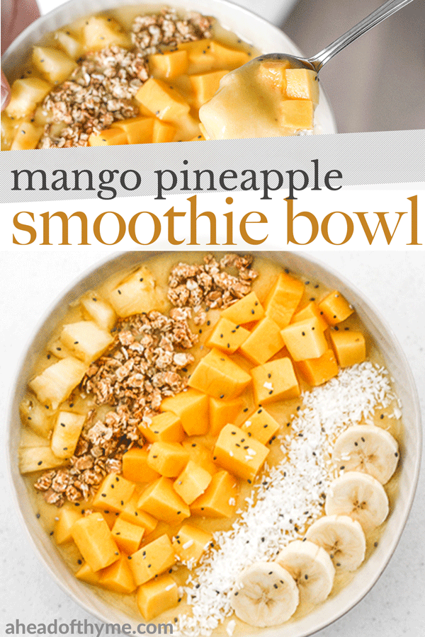 Mango pineapple tropical smoothie bowl is the perfect summer bowl. It is packed with pineapples and mangos and topped with more fruit, granola, and coconut. | aheadofthyme.com