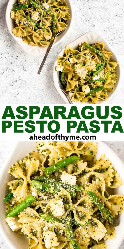 Spring pesto pasta with asparagus and chives is light and made with simple ingredients in under 20 minutes. Serve it hot for dinner or cold as pasta salad. | aheadofthyme.com