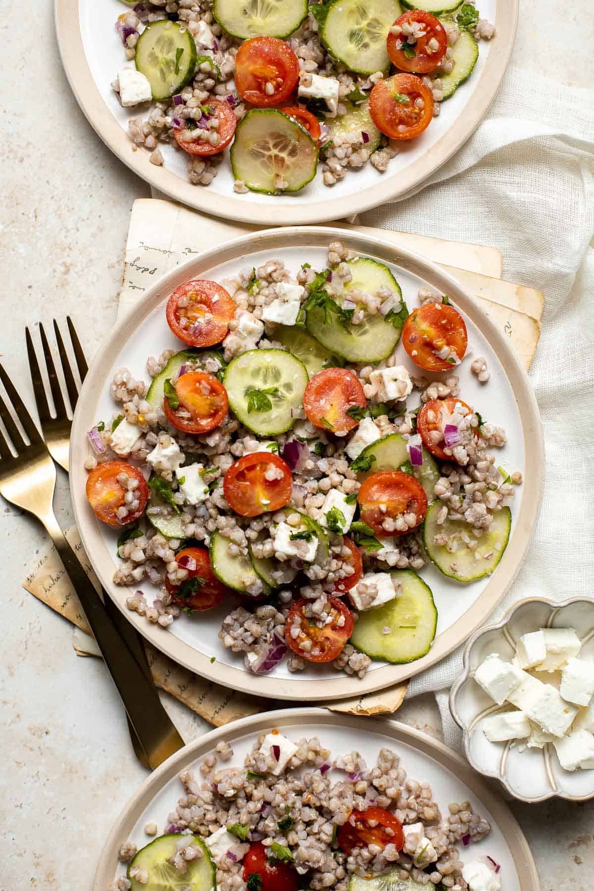 Mediterranean Buckwheat Salad is quick, easy, and delicious. Loaded with superfood buckwheat, this salad is healthy, naturally gluten-free, and vegetarian. | aheadofthyme.com