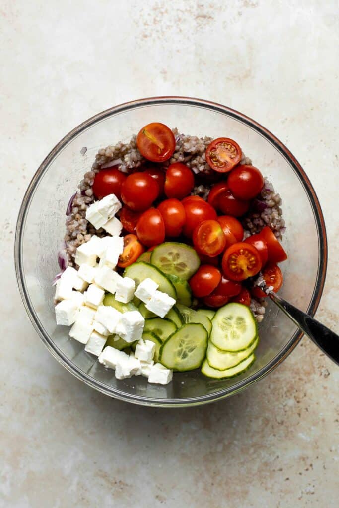 Mediterranean Buckwheat Salad is quick, easy, and delicious. Loaded with superfood buckwheat, this salad is healthy, naturally gluten-free, and vegetarian. | aheadofthyme.com