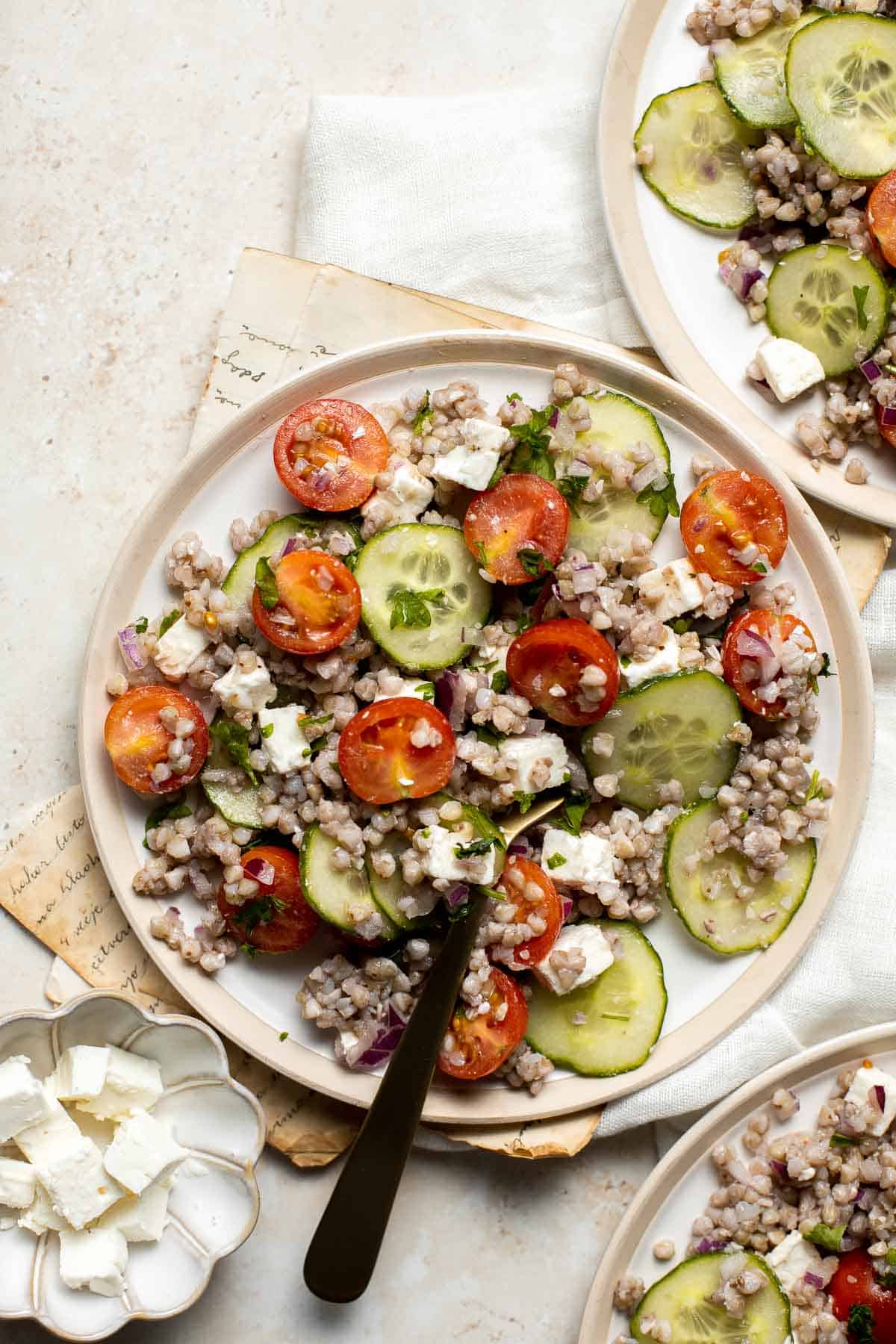 Mediterranean Buckwheat Salad is quick, easy, and delicious. Loaded with superfood buckwheat, this salad is healthy, naturally gluten-free, and vegetarian. | aheadofthyme.com