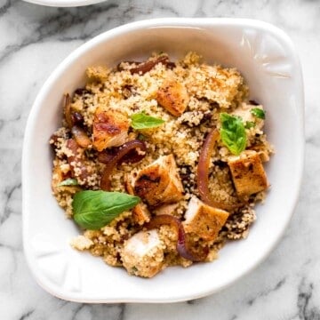 Simple, healthy and flavourful chicken and couscous with sun-dried tomatoes is ready in under 30 minutes. The easiest weeknight dinner to make tonight! | aheadofthyme.com