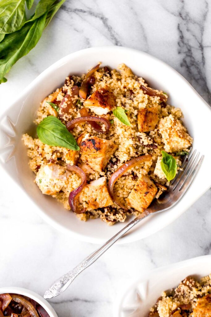 Simple, healthy and flavourful chicken and couscous with sun-dried tomatoes is ready in under 30 minutes. The easiest weeknight dinner to make tonight! | aheadofthyme.com