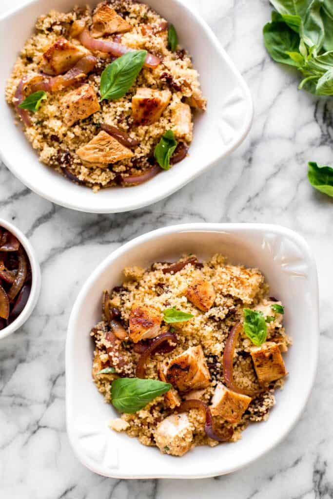 Simple, healthy and flavourful chicken and couscous with sun-dried tomatoes is ready in under 30 minutes. The easiest weeknight dinner to make tonight! | aheadofthyme.com