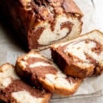 Chocolate and vanilla marble cake is delicious, moist, fluffy with the perfect golden brown crust. With two classic cake flavors, this loaf cake has it all. | aheadofthyme.com