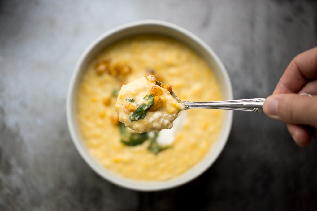 This vegetarian, hearty and filling, creamy Mexican corn soup is dense, bright, and full of flavour! It is the perfect Cinco de Mayo recipe. | aheadofthyme.com