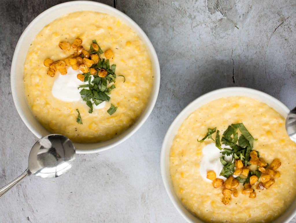 This vegetarian, hearty and filling, creamy Mexican corn soup is dense, bright, and full of flavour! It is the perfect Cinco de Mayo recipe. | aheadofthyme.com