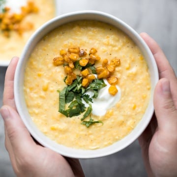 This vegetarian, hearty and filling, creamy Mexican corn soup is dense, bright, and full of flavour! It is the perfect Cinco de Mayo recipe. | aheadofthyme.com