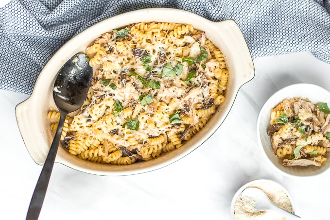 Need a pasta dish with layers of flavour in under 30 minutes? Look no further! Baked pasta with rotisserie chicken, earthy and warm shiitake mushrooms, and nutty asiago cheese is the perfect weeknight (or fancy dinner party) meal! | aheadofthyme.com