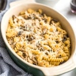 Need a pasta dish with layers of flavour in under 30 minutes? Look no further! Baked pasta with rotisserie chicken, earthy and warm shiitake mushrooms, and nutty asiago cheese is the perfect weeknight (or fancy dinner party) meal! | aheadofthyme.com