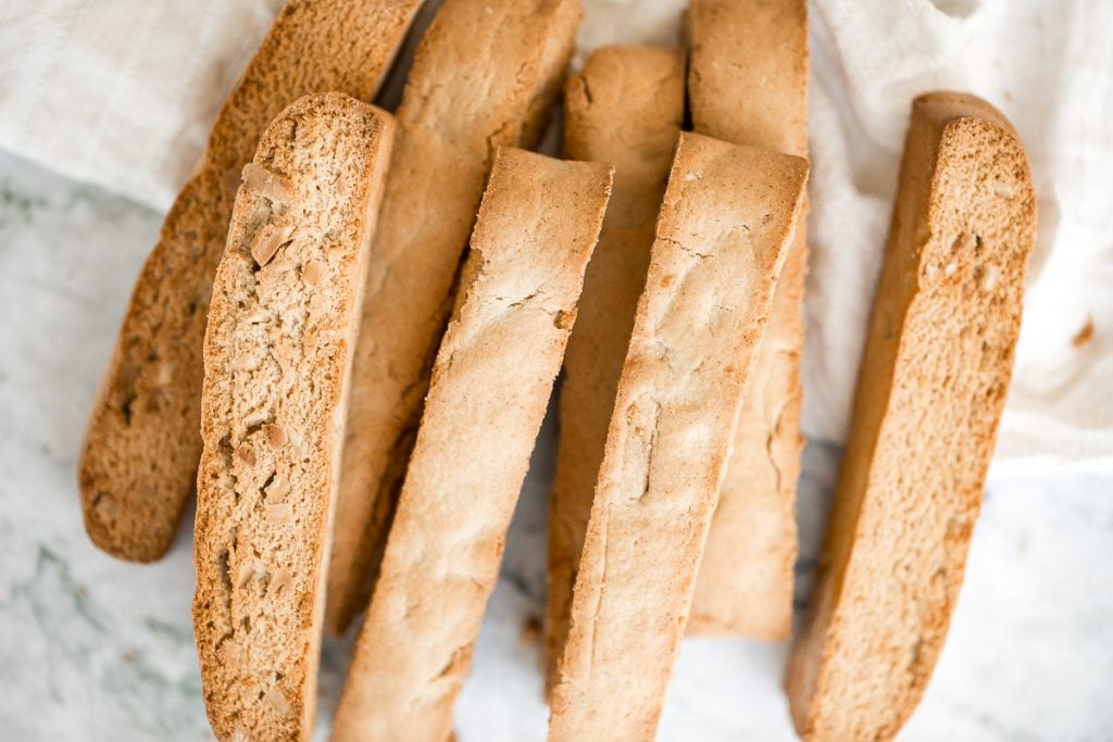Small batch almond biscotti are crunchy, crumbly and packed with almonds, perfect for dunking into tea or coffee, and they are super easy to make. | aheadofthyme.com