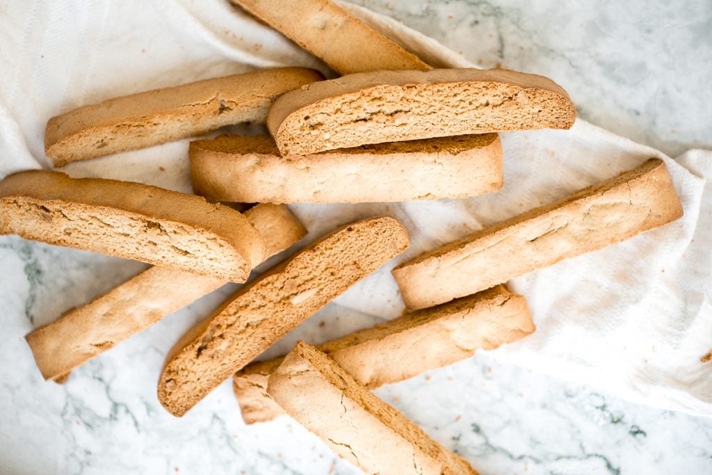 Small batch almond biscotti are crunchy, crumbly and packed with almonds, perfect for dunking into tea or coffee, and they are super easy to make. | aheadofthyme.com